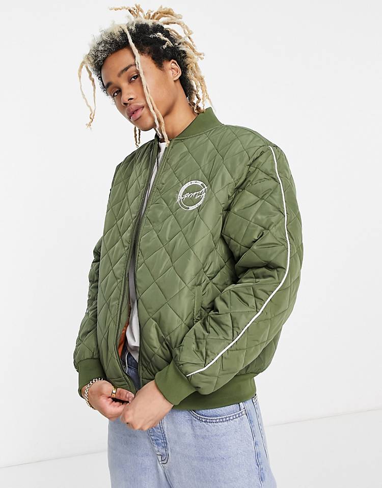 Liquor N Poker quilted bomber jacket in sage green with sleeve panels